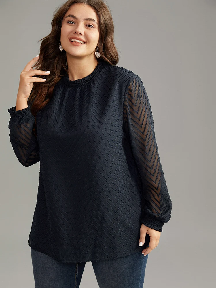 Plain Patchwork Mesh Shirred Frill Trim Blouse
