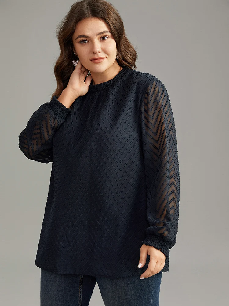 Plain Patchwork Mesh Shirred Frill Trim Blouse