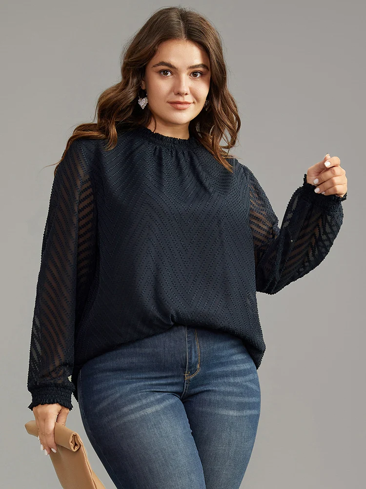 Plain Patchwork Mesh Shirred Frill Trim Blouse