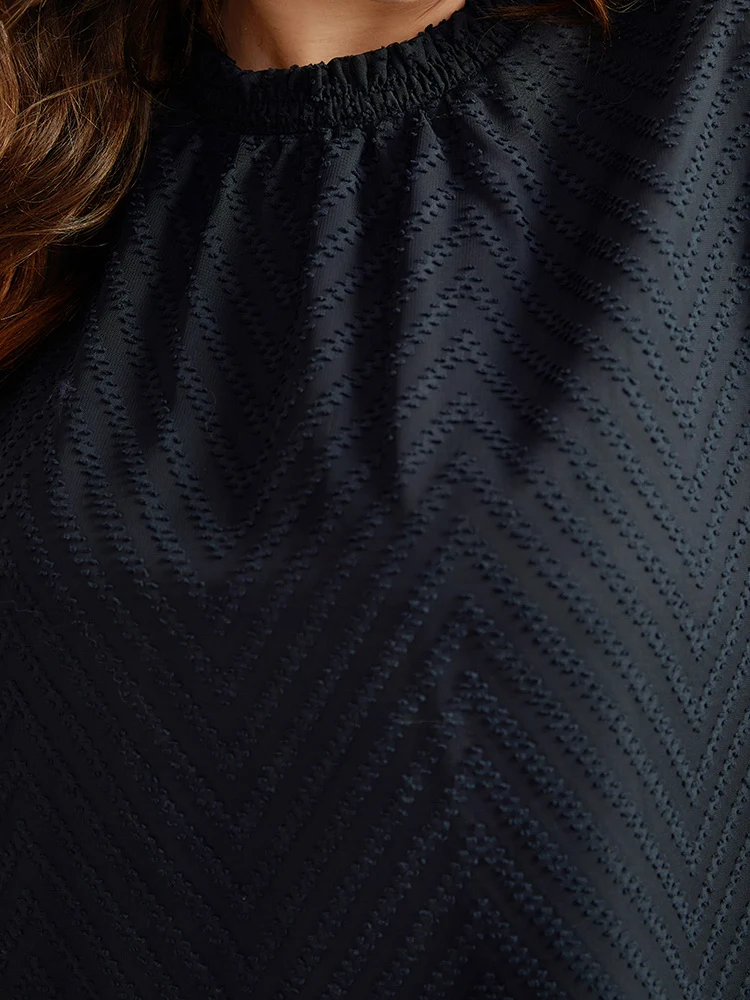 Plain Patchwork Mesh Shirred Frill Trim Blouse