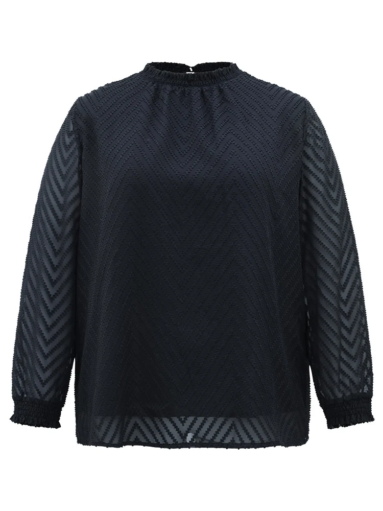 Plain Patchwork Mesh Shirred Frill Trim Blouse