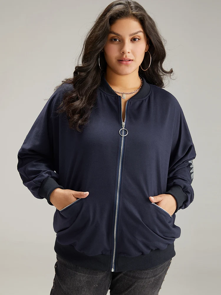 Solid O Ring Zipper Pocket Feather Jacket
