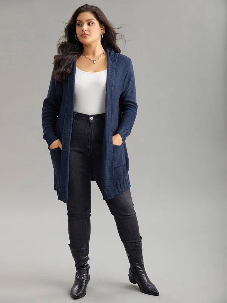 Plain Texture Pocket Hooded Cardigan