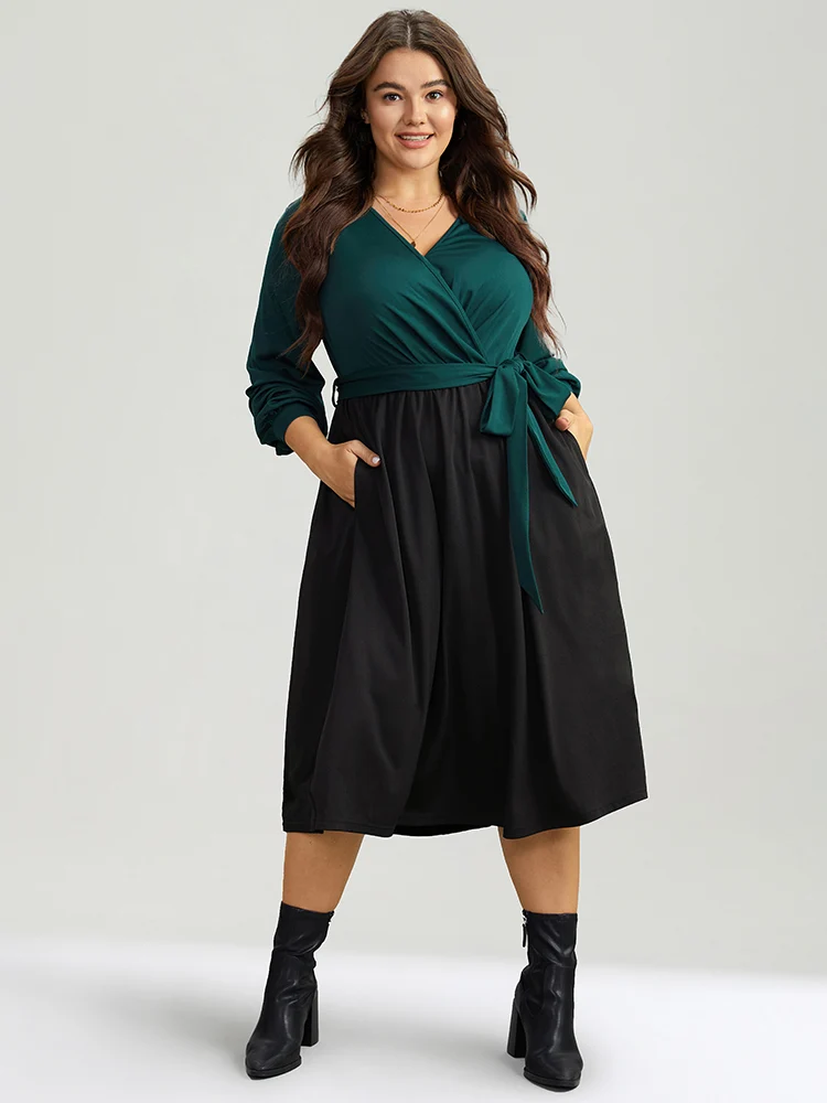 Contrast Patchwork Bowknot Overlap Collar Dress