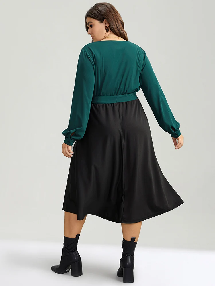 Contrast Patchwork Bowknot Overlap Collar Dress