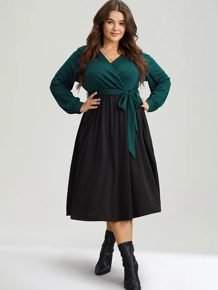 Contrast Patchwork Bowknot Overlap Collar Dress