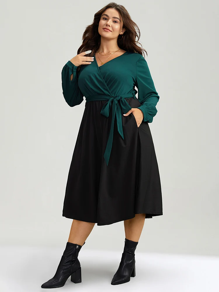 Contrast Patchwork Bowknot Overlap Collar Dress