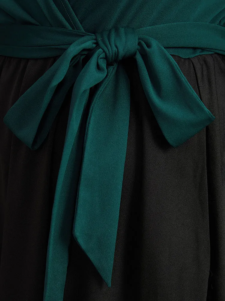 Contrast Patchwork Bowknot Overlap Collar Dress