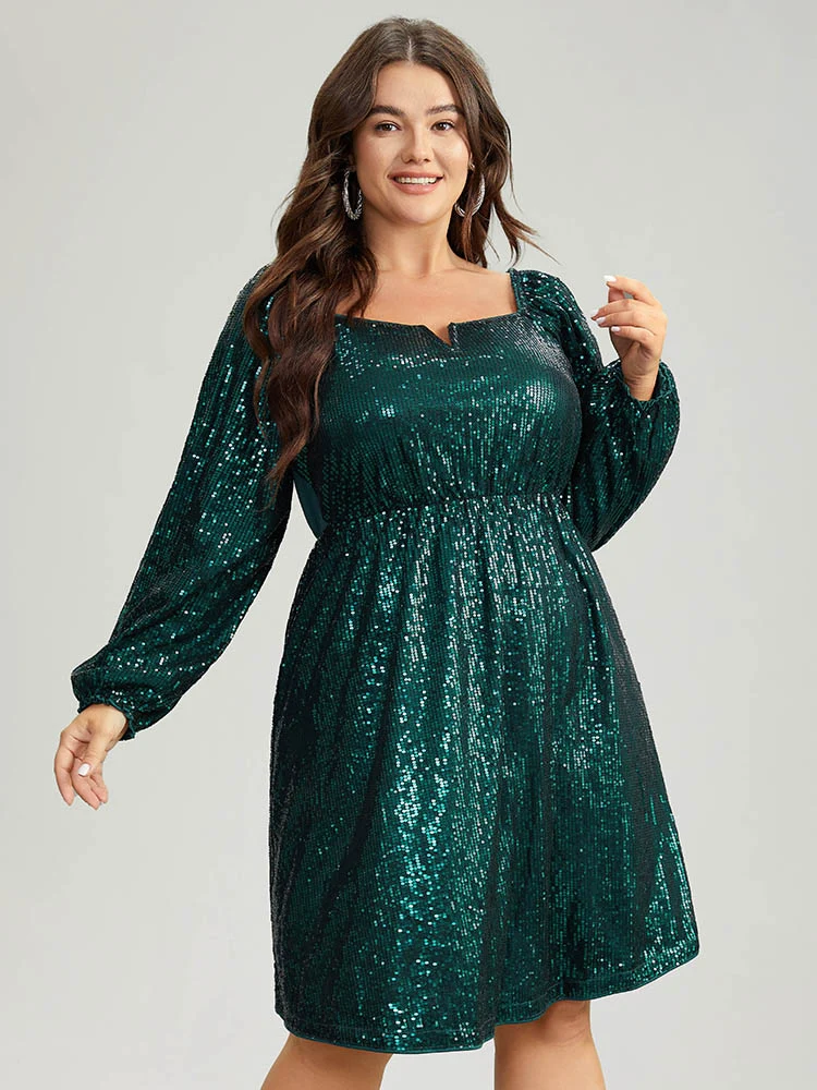 Sequin Square Neck Lantern Sleeve Knee Dress