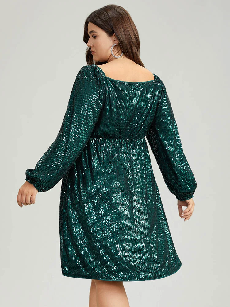 Sequin Square Neck Lantern Sleeve Knee Dress