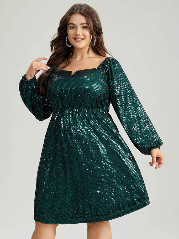 Sequin Square Neck Lantern Sleeve Knee Dress