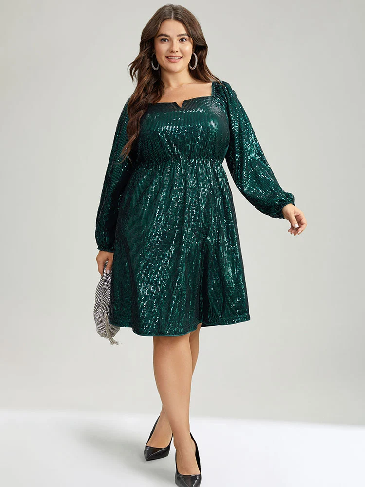 Sequin Square Neck Lantern Sleeve Knee Dress
