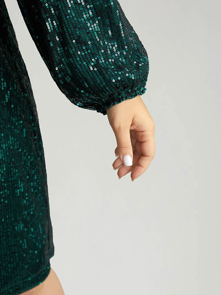 Sequin Square Neck Lantern Sleeve Knee Dress