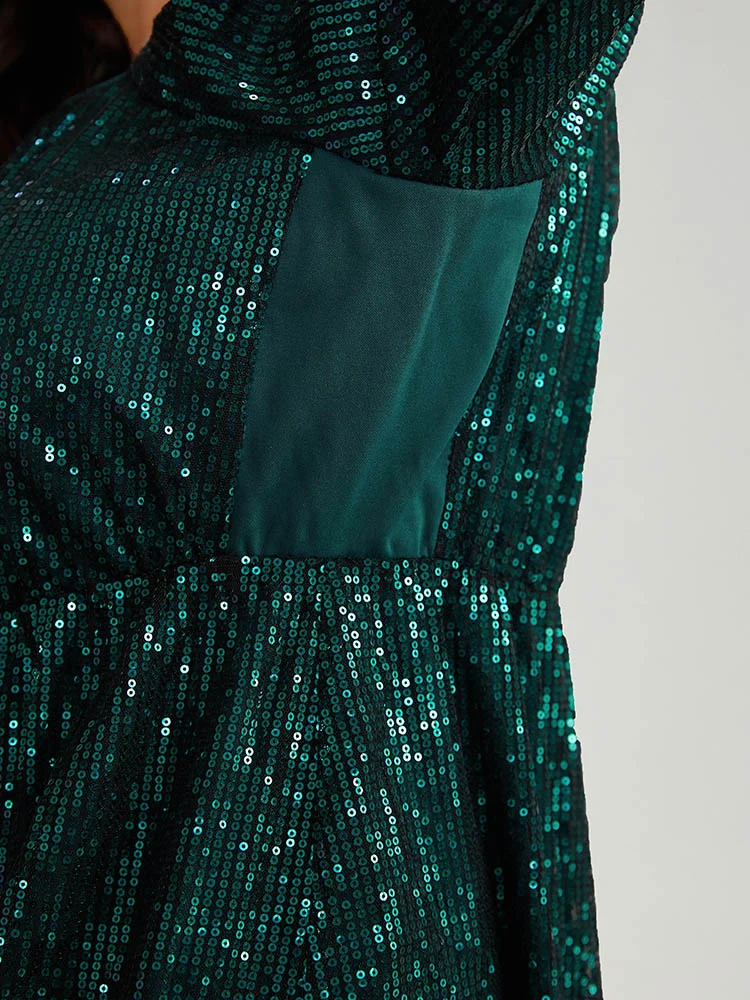 Sequin Square Neck Lantern Sleeve Knee Dress