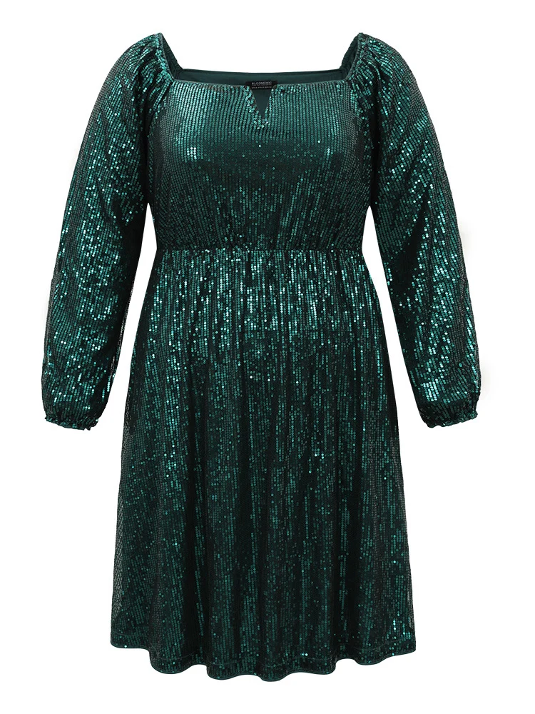 Sequin Square Neck Lantern Sleeve Knee Dress