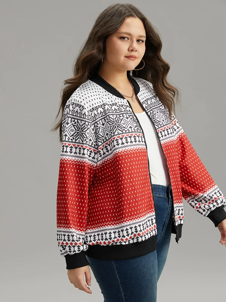 Christmas Patchwork Zipper Contrast Jacket