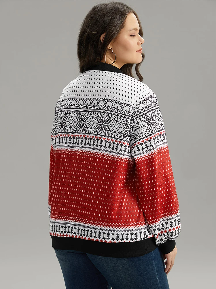 Christmas Patchwork Zipper Contrast Jacket