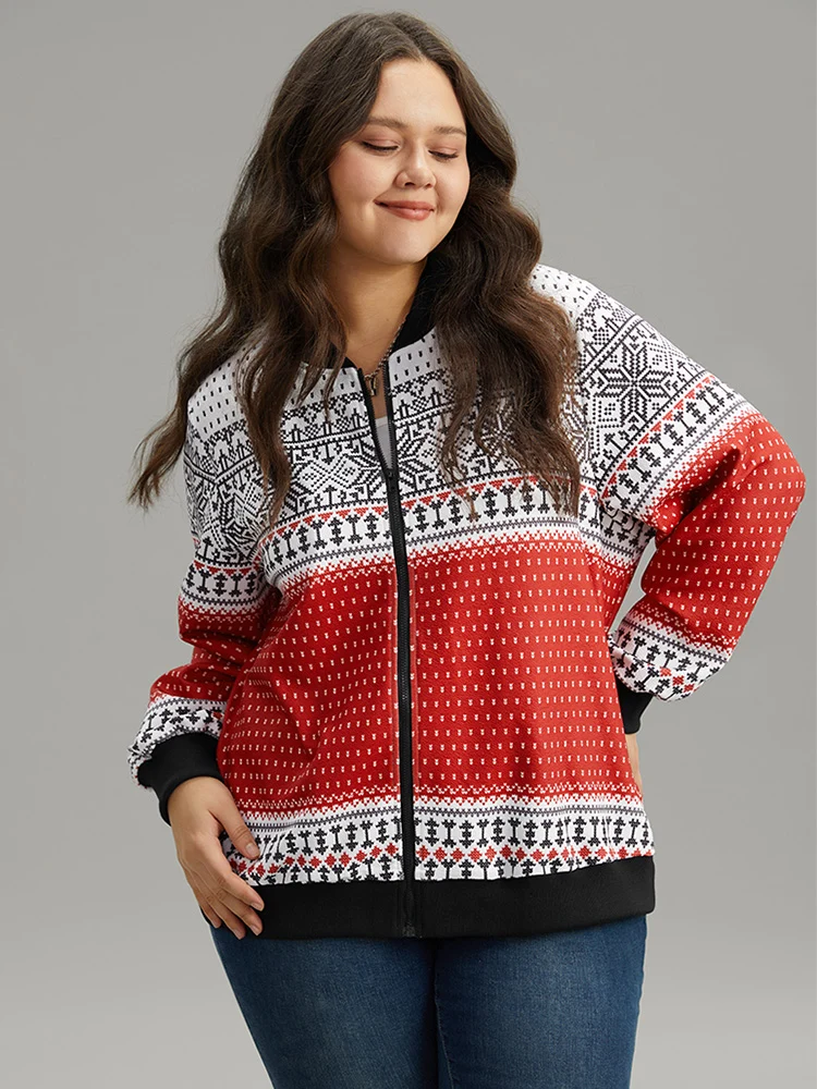 Christmas Patchwork Zipper Contrast Jacket