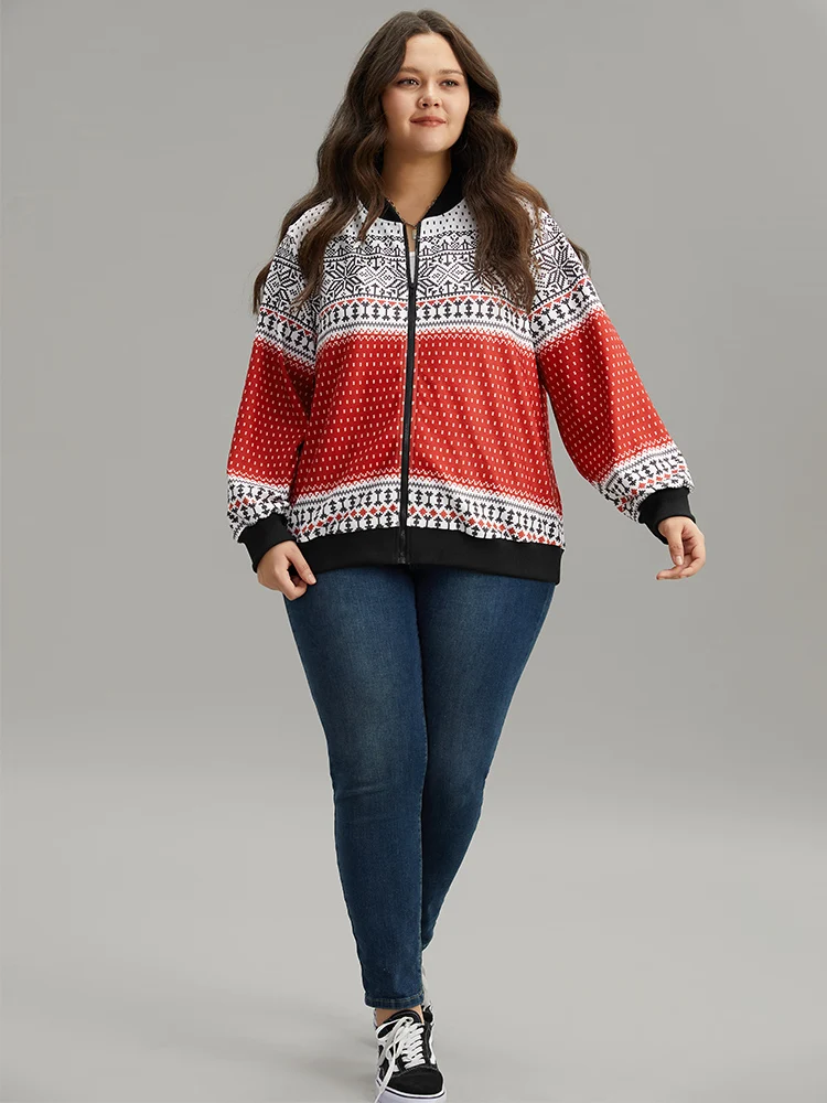 Christmas Patchwork Zipper Contrast Jacket