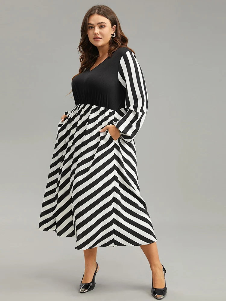 Striped Patchwork Elastic Waist Lantern Sleeve Dress