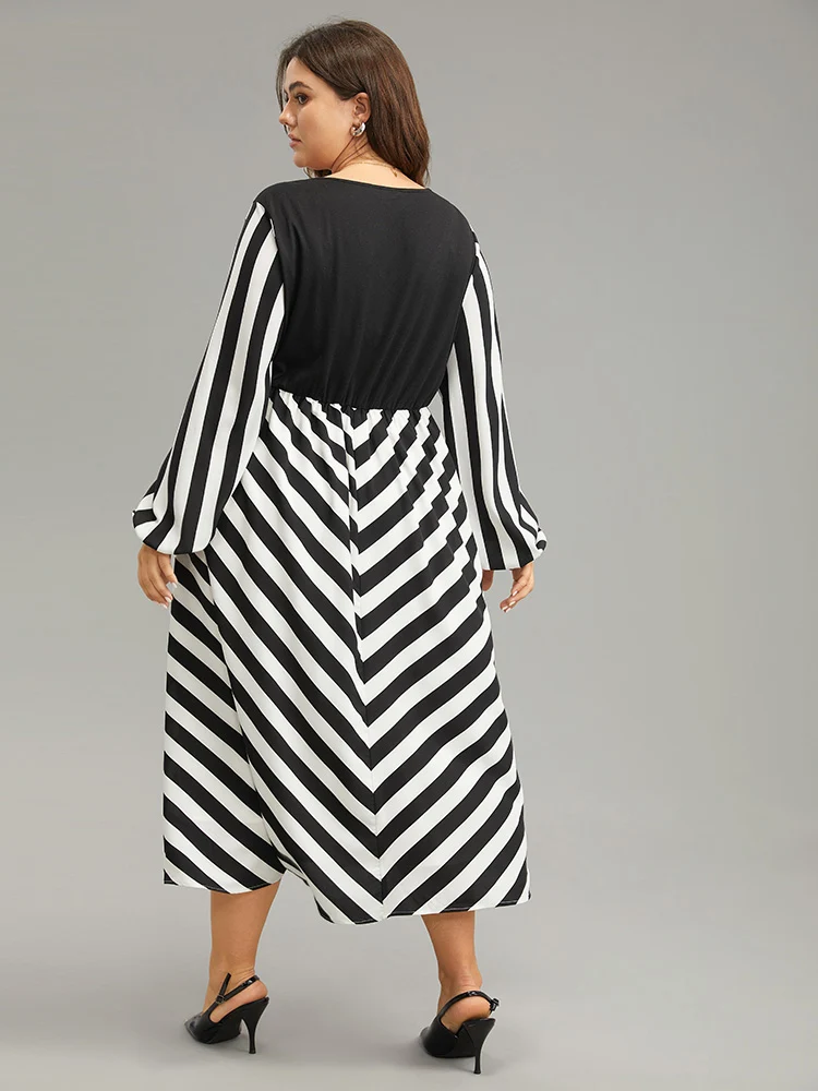 Striped Patchwork Elastic Waist Lantern Sleeve Dress