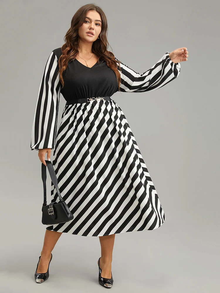 Striped Patchwork Elastic Waist Lantern Sleeve Dress