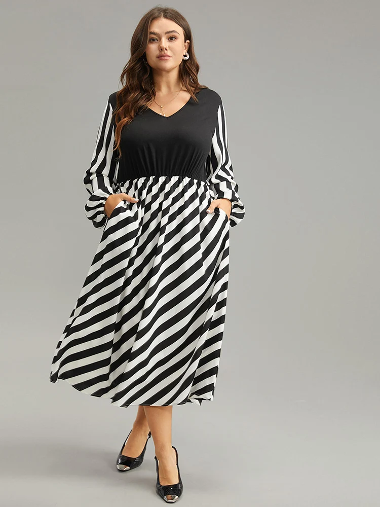 Striped Patchwork Elastic Waist Lantern Sleeve Dress