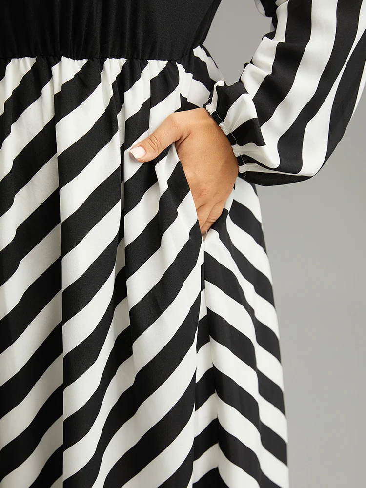 Striped Patchwork Elastic Waist Lantern Sleeve Dress