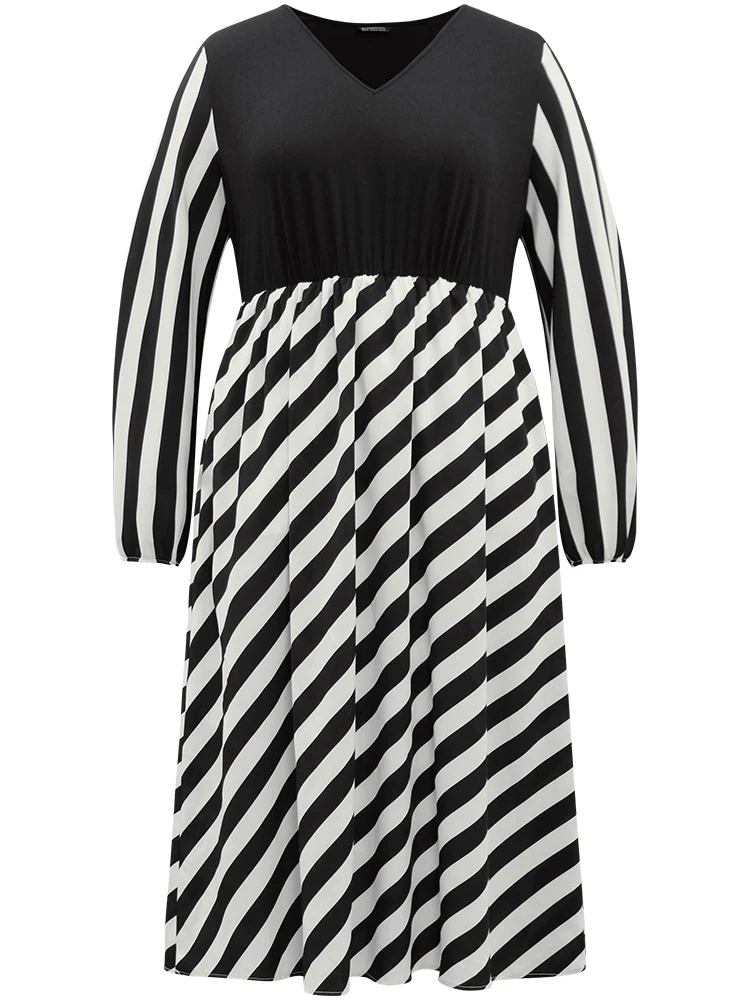 Striped Patchwork Elastic Waist Lantern Sleeve Dress