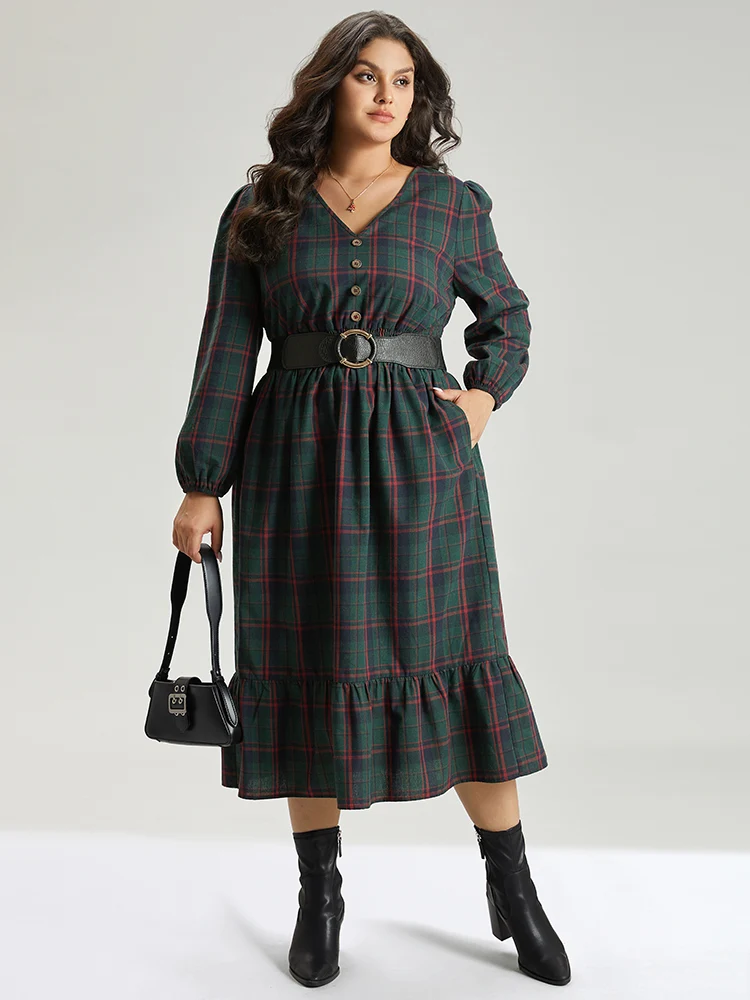 Plaid Shirred Button Detail Ruffle Hem Dress