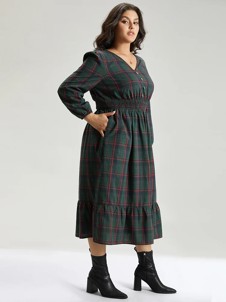 Plaid Shirred Button Detail Ruffle Hem Dress