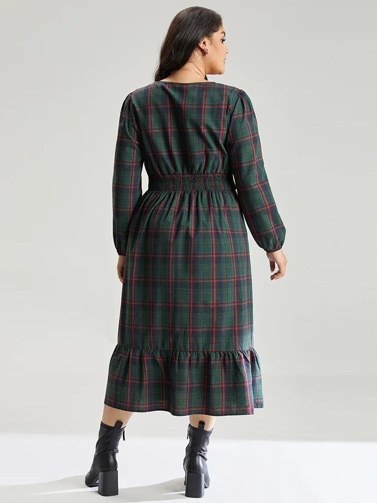 Plaid Shirred Button Detail Ruffle Hem Dress