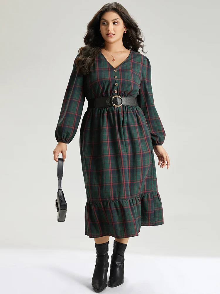 Plaid Shirred Button Detail Ruffle Hem Dress