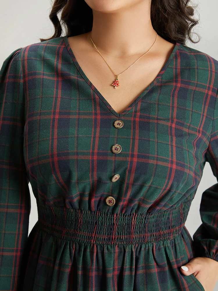 Plaid Shirred Button Detail Ruffle Hem Dress