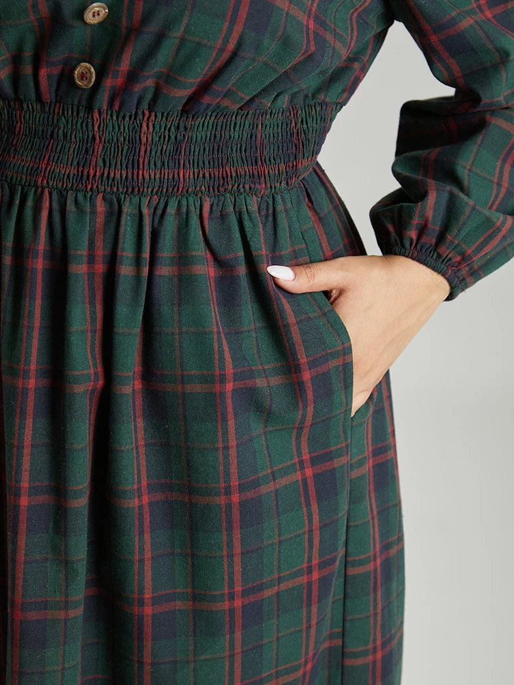 Plaid Shirred Button Detail Ruffle Hem Dress