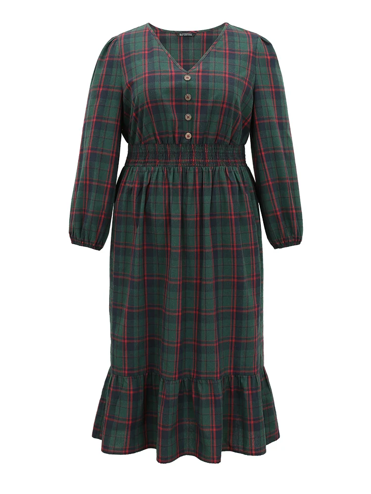 Plaid Shirred Button Detail Ruffle Hem Dress