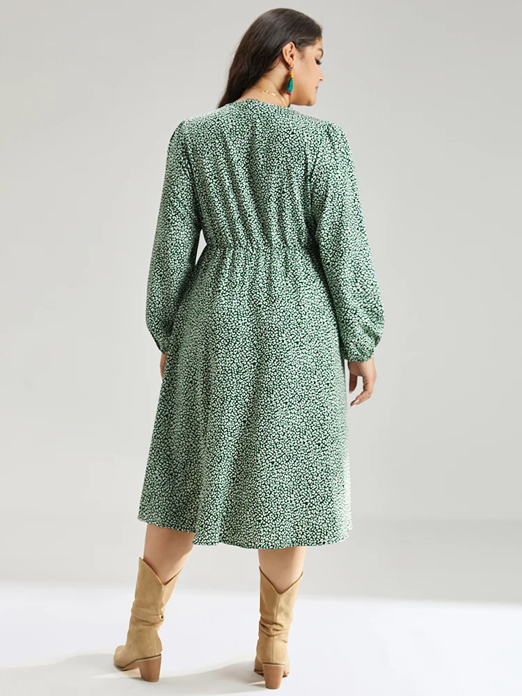 Leopard Print Elastic Cuffs Button Detail Dress