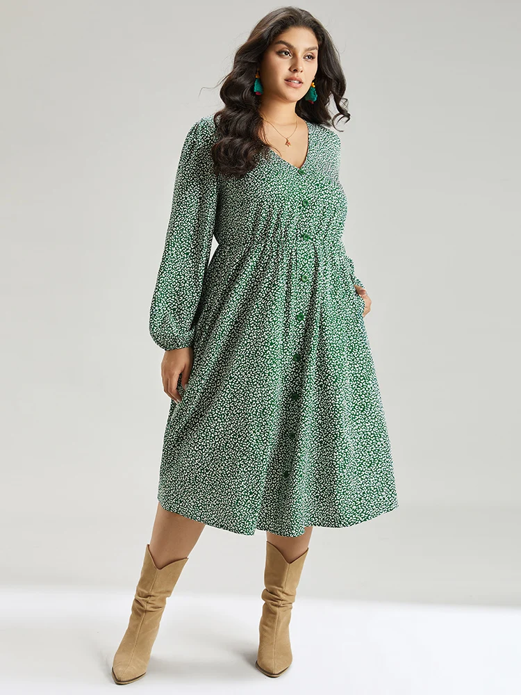 Leopard Print Elastic Cuffs Button Detail Dress