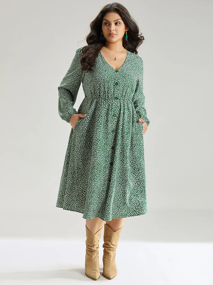 Leopard Print Elastic Cuffs Button Detail Dress