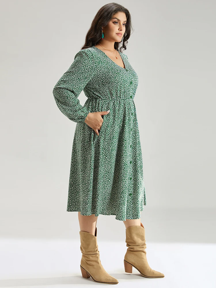 Leopard Print Elastic Cuffs Button Detail Dress