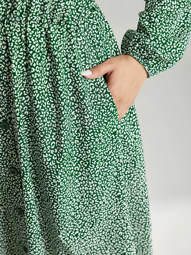 Leopard Print Elastic Cuffs Button Detail Dress