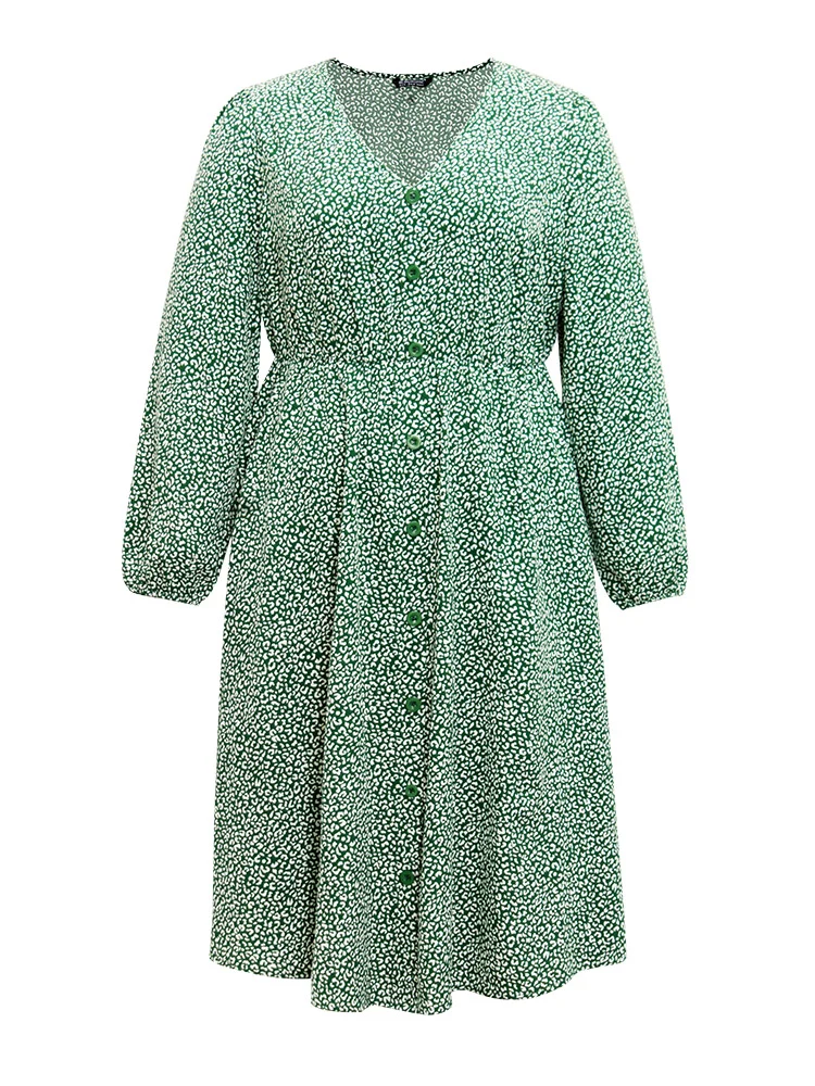 Leopard Print Elastic Cuffs Button Detail Dress