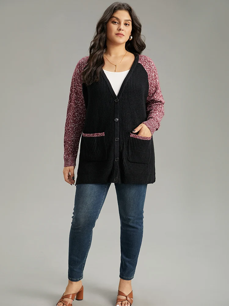 Heather Patchwork Raglan Sleeve Pocket Cardigan