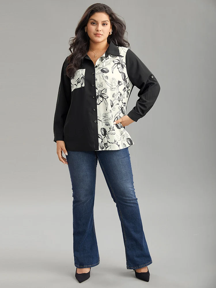 Silhouette Floral Print Shirt Collar Contrast Blouse