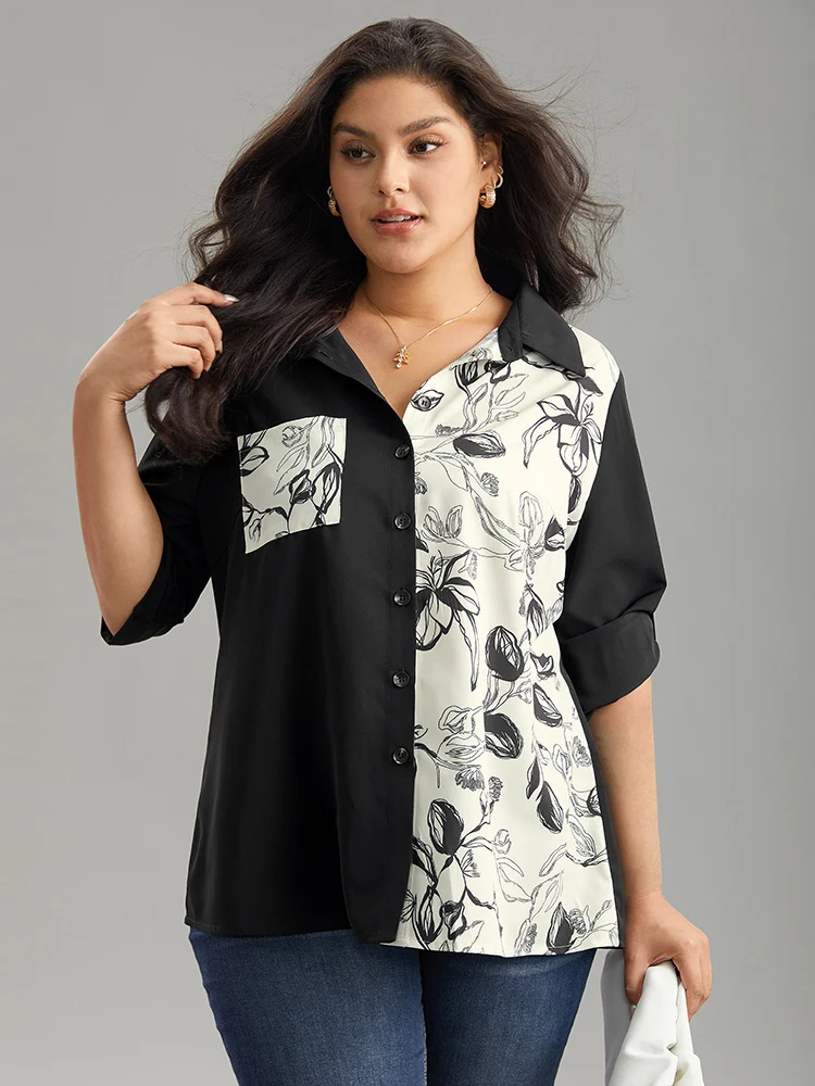 Silhouette Floral Print Shirt Collar Contrast Blouse