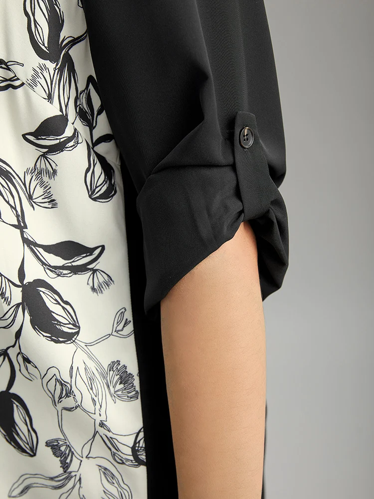 Silhouette Floral Print Shirt Collar Contrast Blouse
