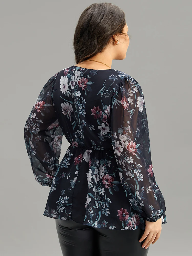 Floral Print Elastic Waist Mesh Wrap Gathered Blouse