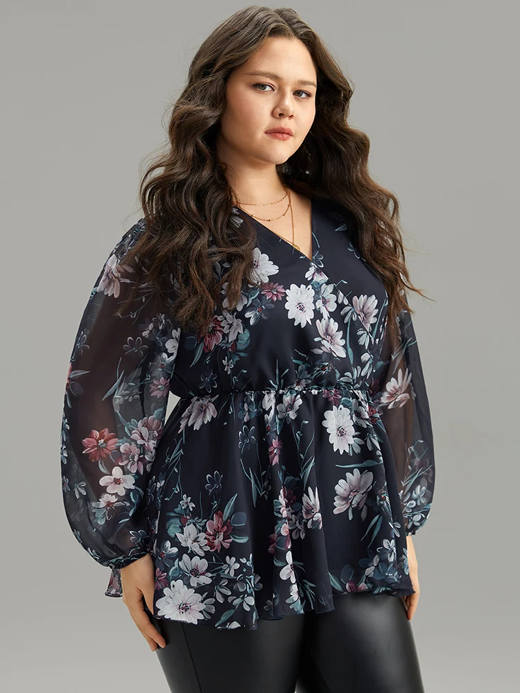 Floral Print Elastic Waist Mesh Wrap Gathered Blouse