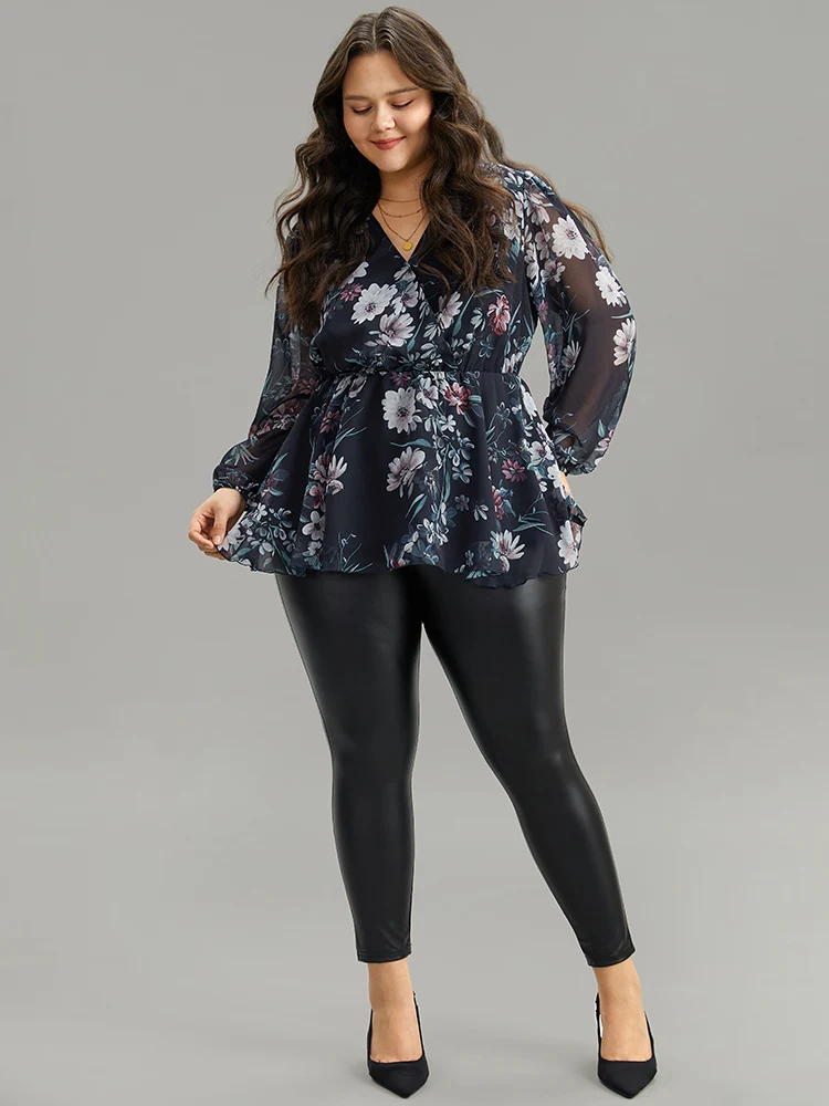 Floral Print Elastic Waist Mesh Wrap Gathered Blouse