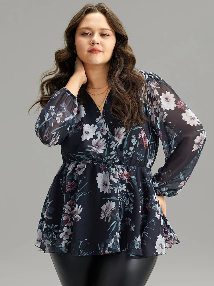 Floral Print Elastic Waist Mesh Wrap Gathered Blouse